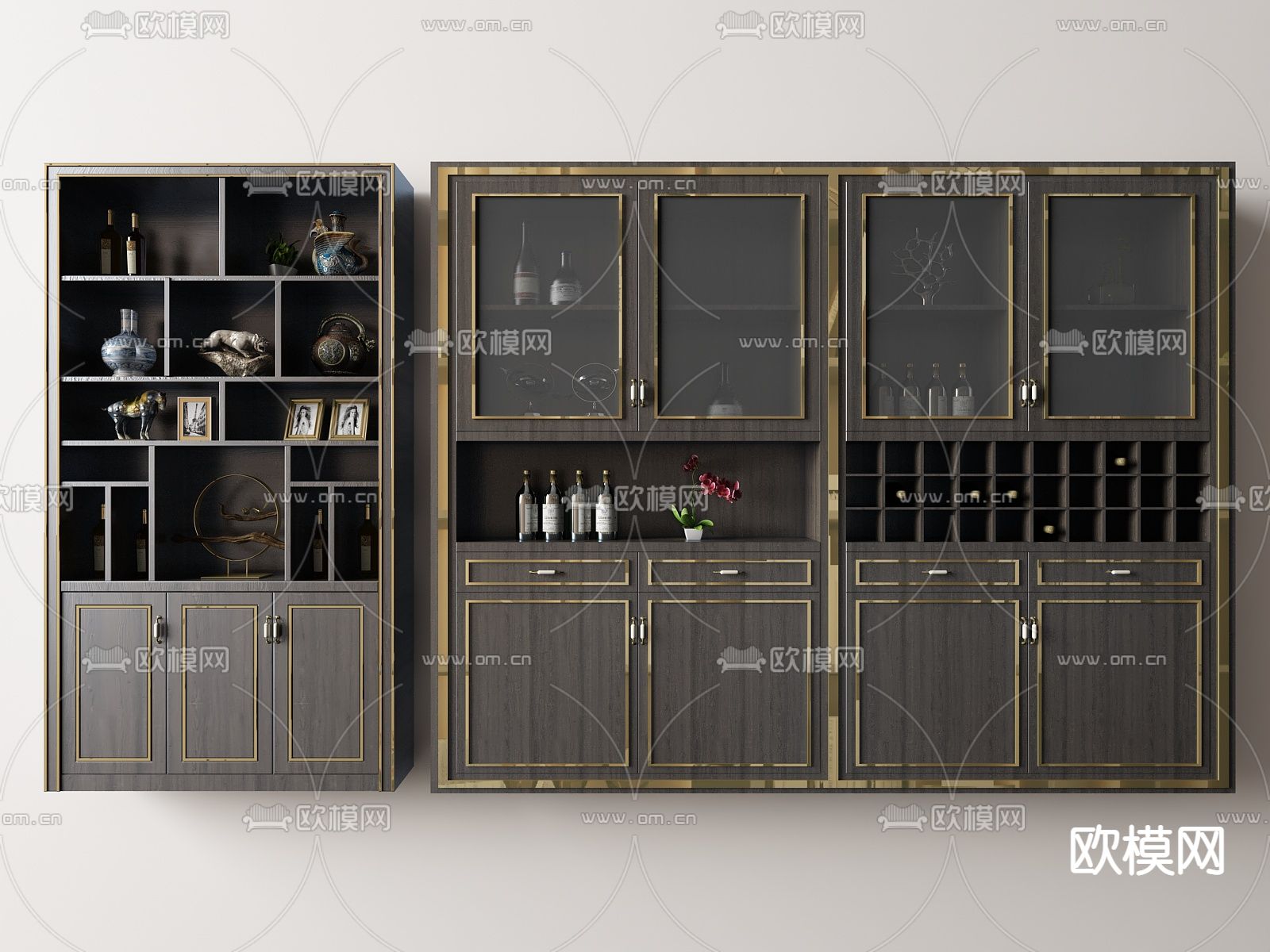 新中式酒柜su模型下载（渲染图2）