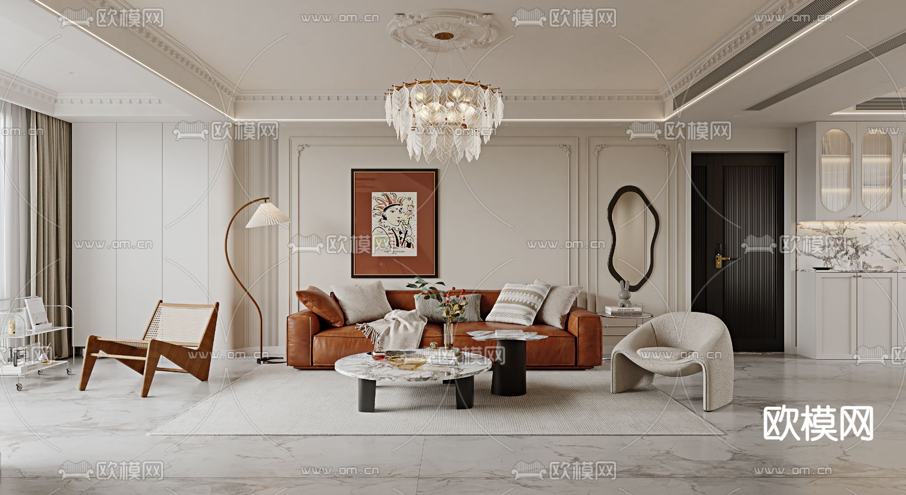 法式奶油风客厅餐厅3d模型下载（渲染图1）