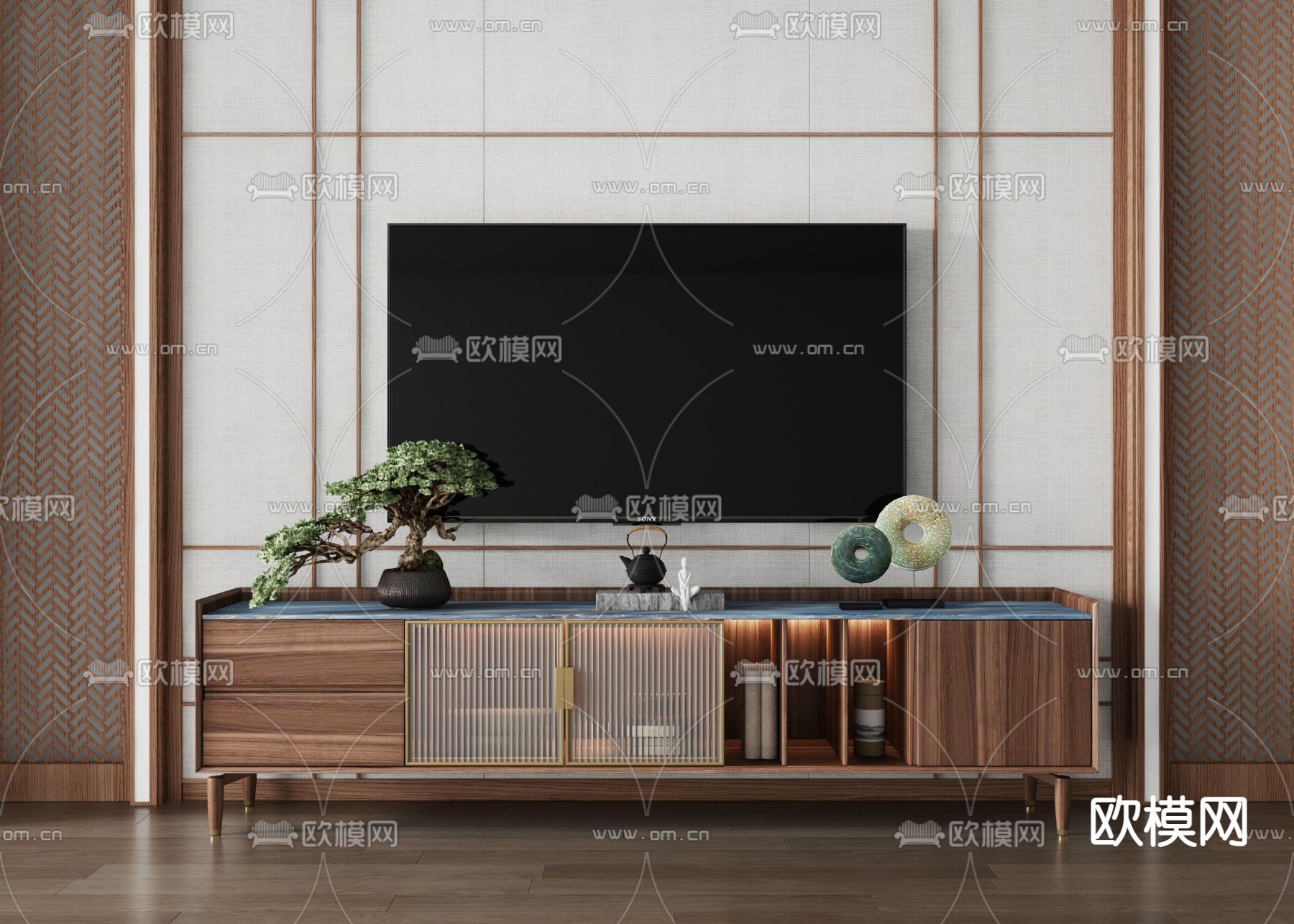 新中式电视柜3d模型下载_ID12149998_3dmax免费模型-欧模网