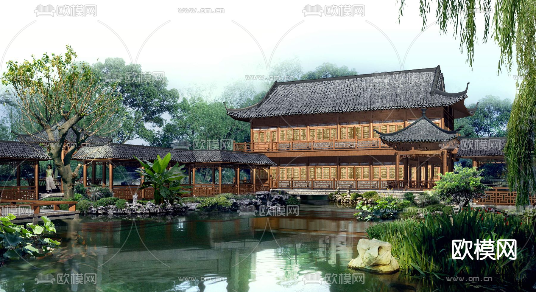 中式博物馆园林外观psd下载