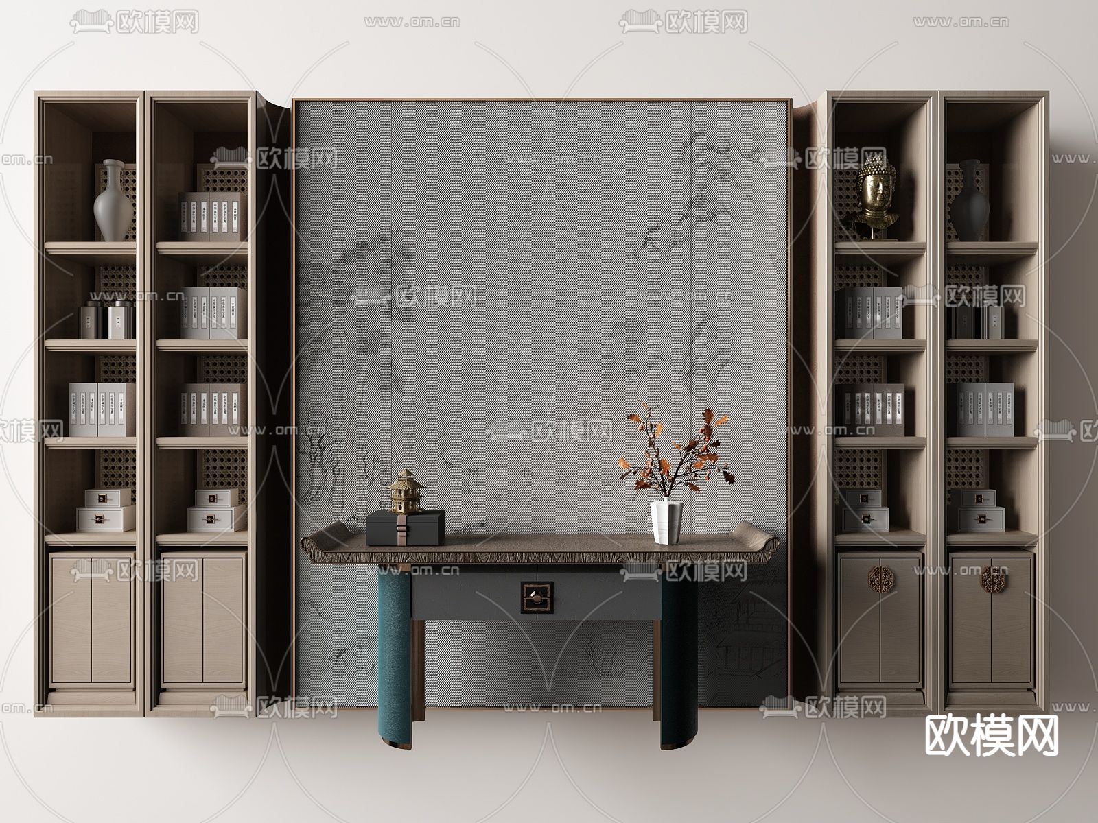 新中式端景条案su模型下载（渲染图1）