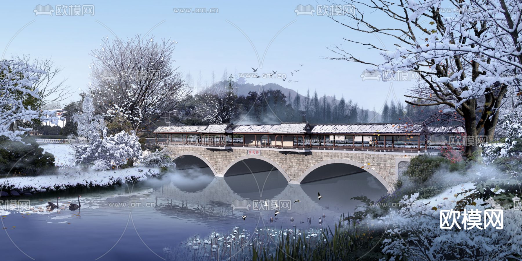 中式雪景廊桥园林景观psd下载