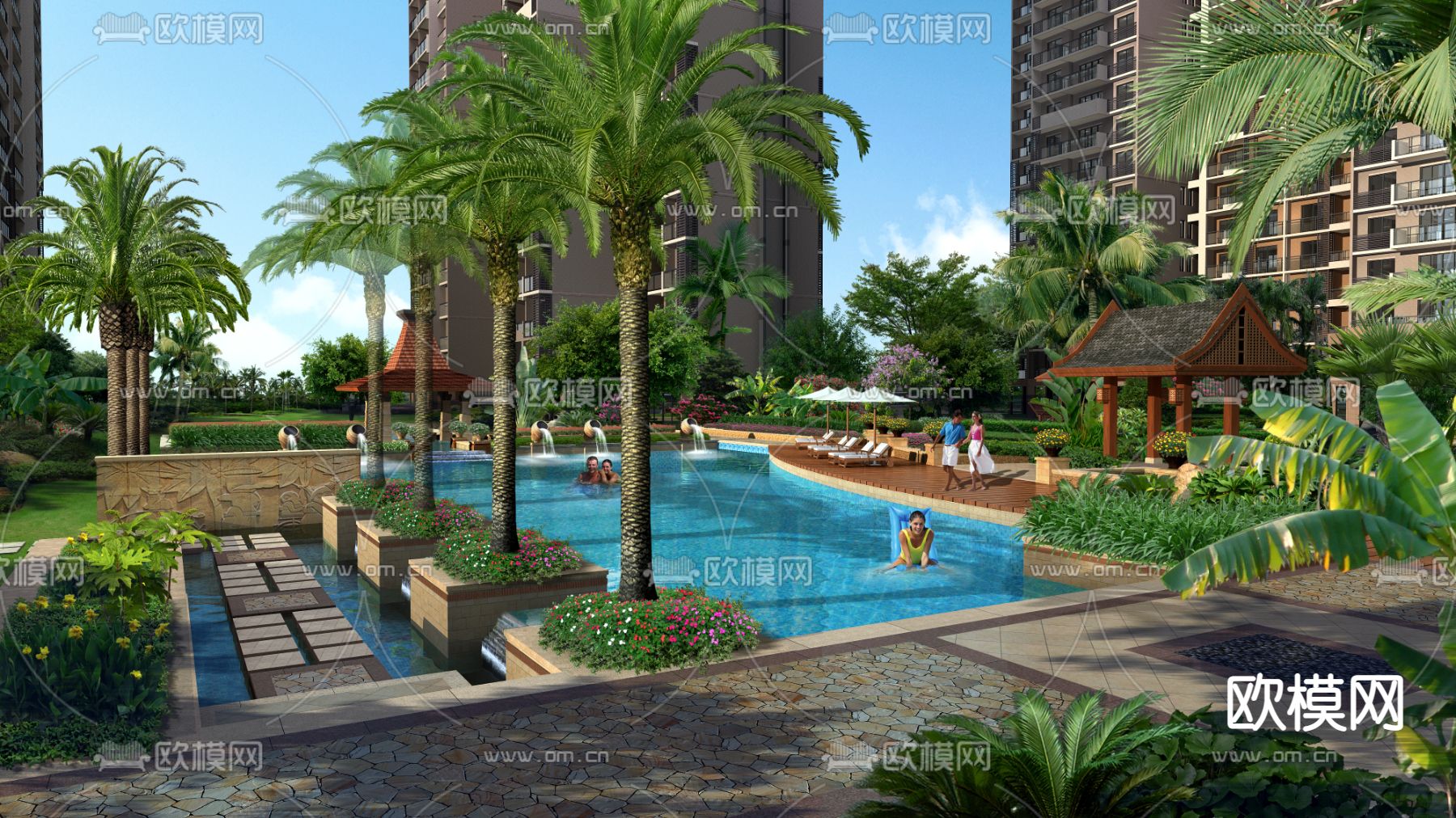 现代小区游泳池景观psd下载