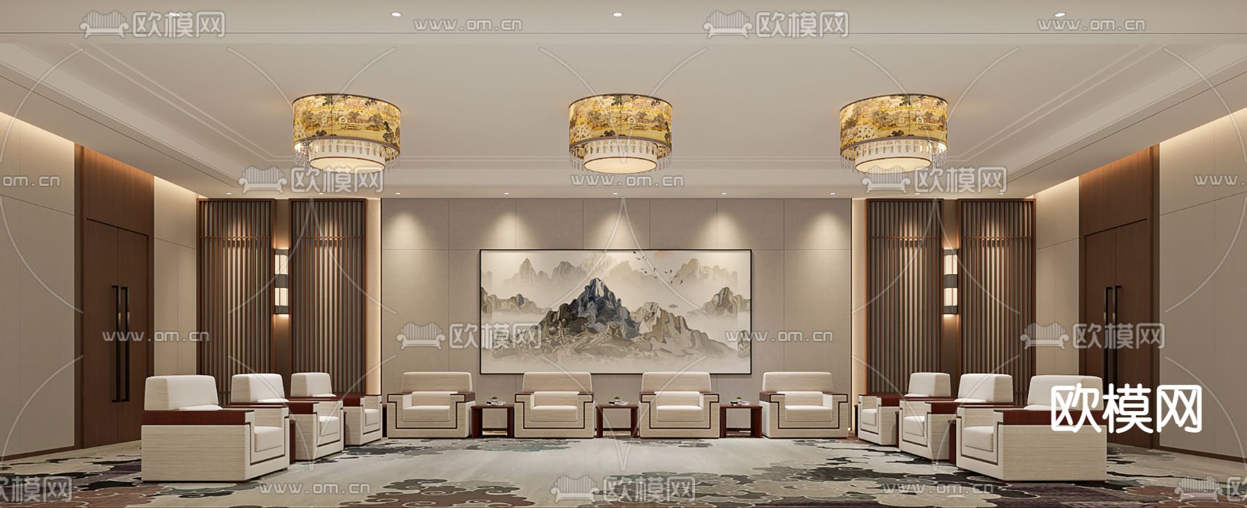 新中式会客室su模型下载（渲染图1）