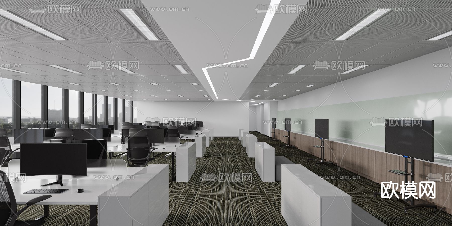 现代敞开式办公区 走廊过道免费3d模型下载（渲染图2）