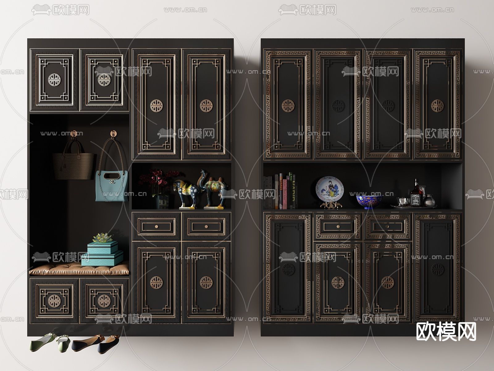 新中式玄关鞋柜su模型下载（渲染图1）