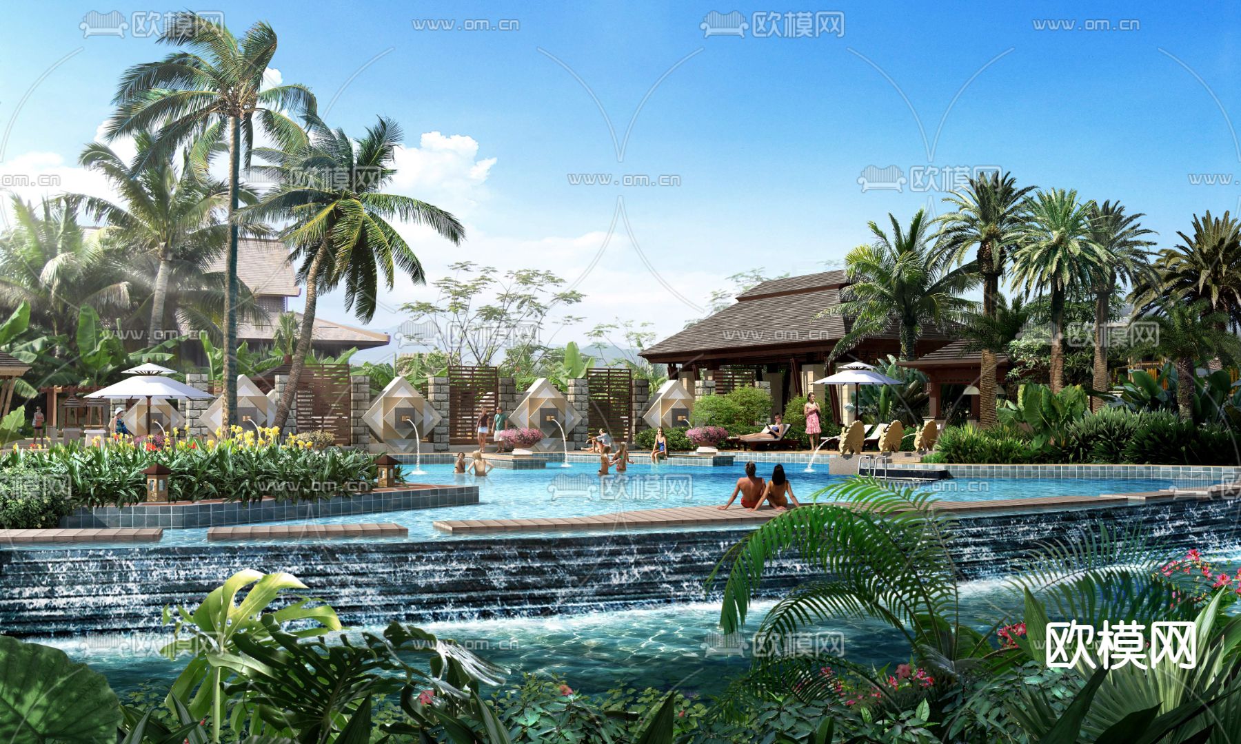 现代小区游泳池景观psd下载