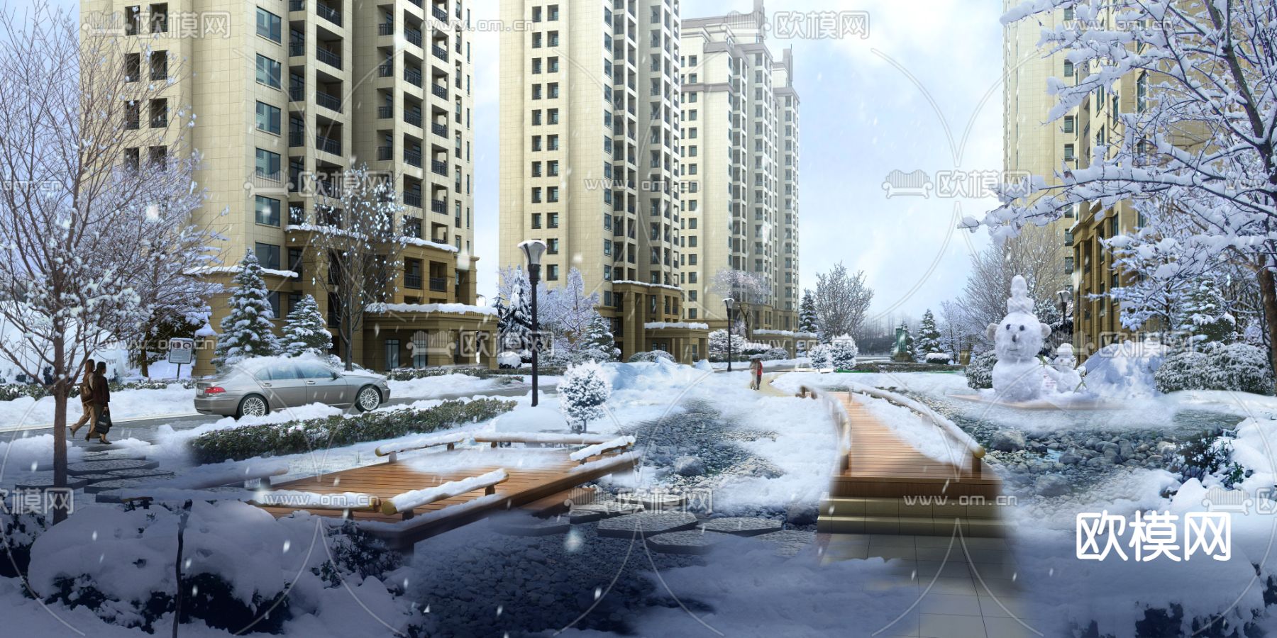 现代雪景住宅楼外观psd下载