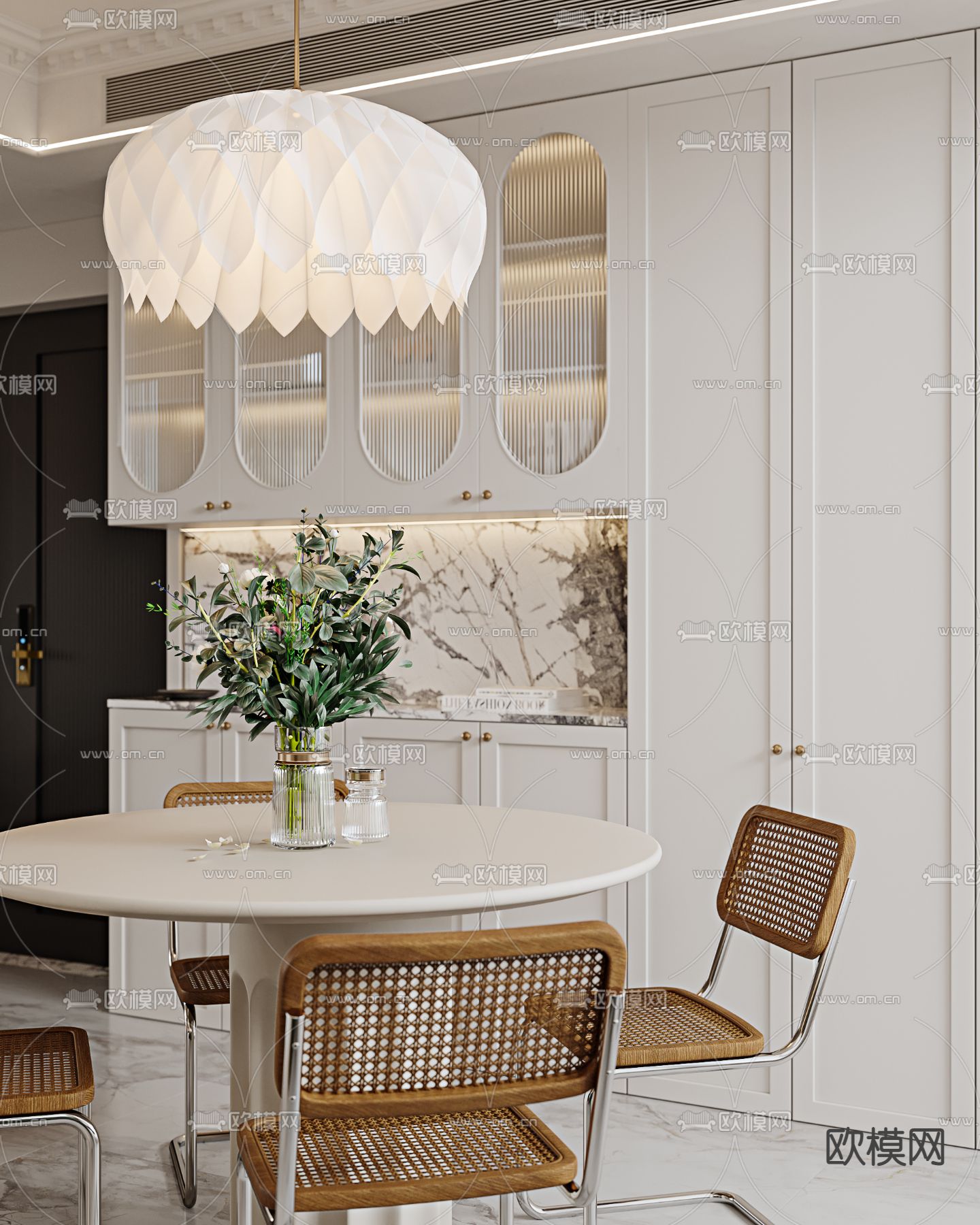 法式奶油风客厅餐厅3d模型下载（渲染图3）