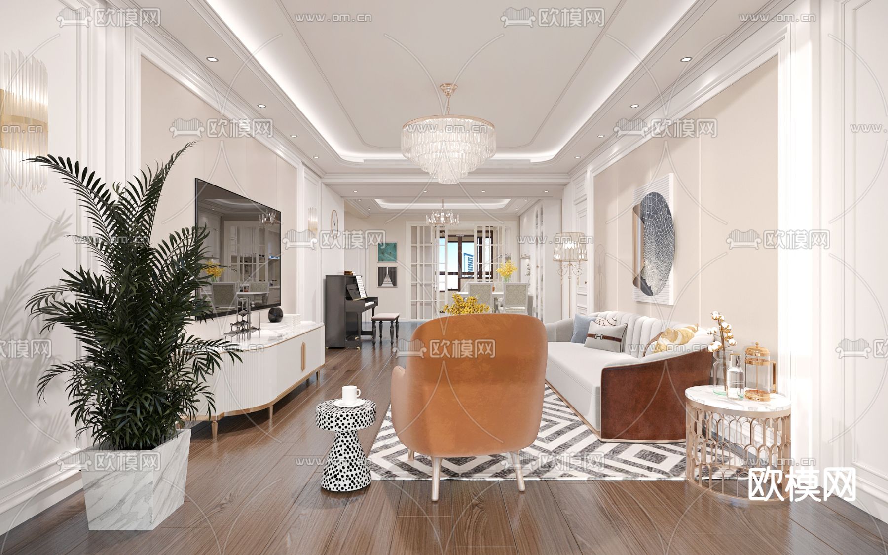 欧式客厅免费3d模型下载（渲染图1）