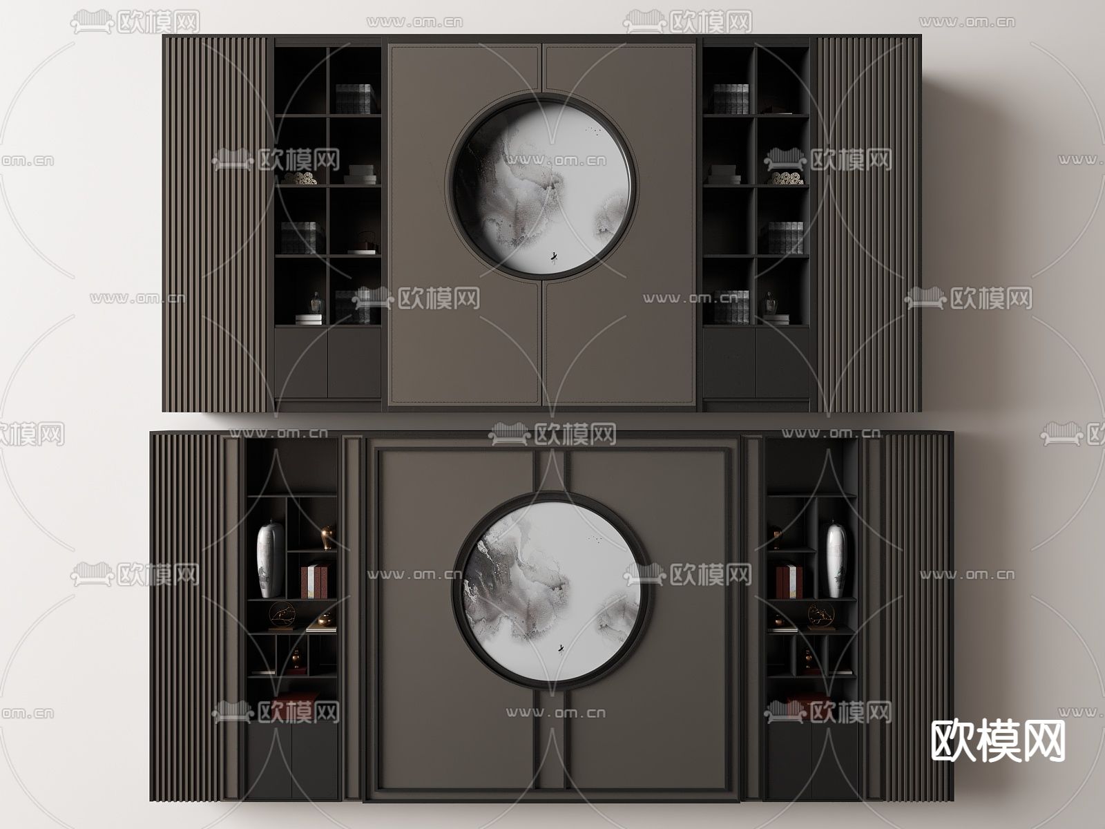 新中式背景墙装饰柜组合su模型下载（渲染图1）