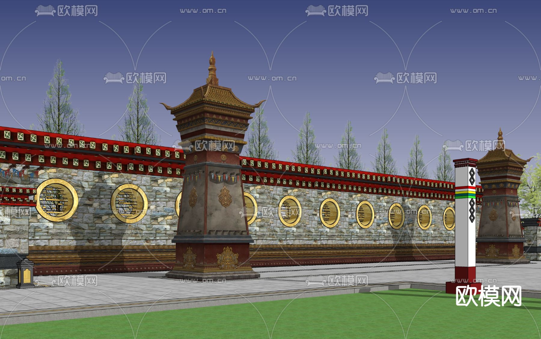 中式藏式景墙塔楼文化广场su模型下载（渲染图4）