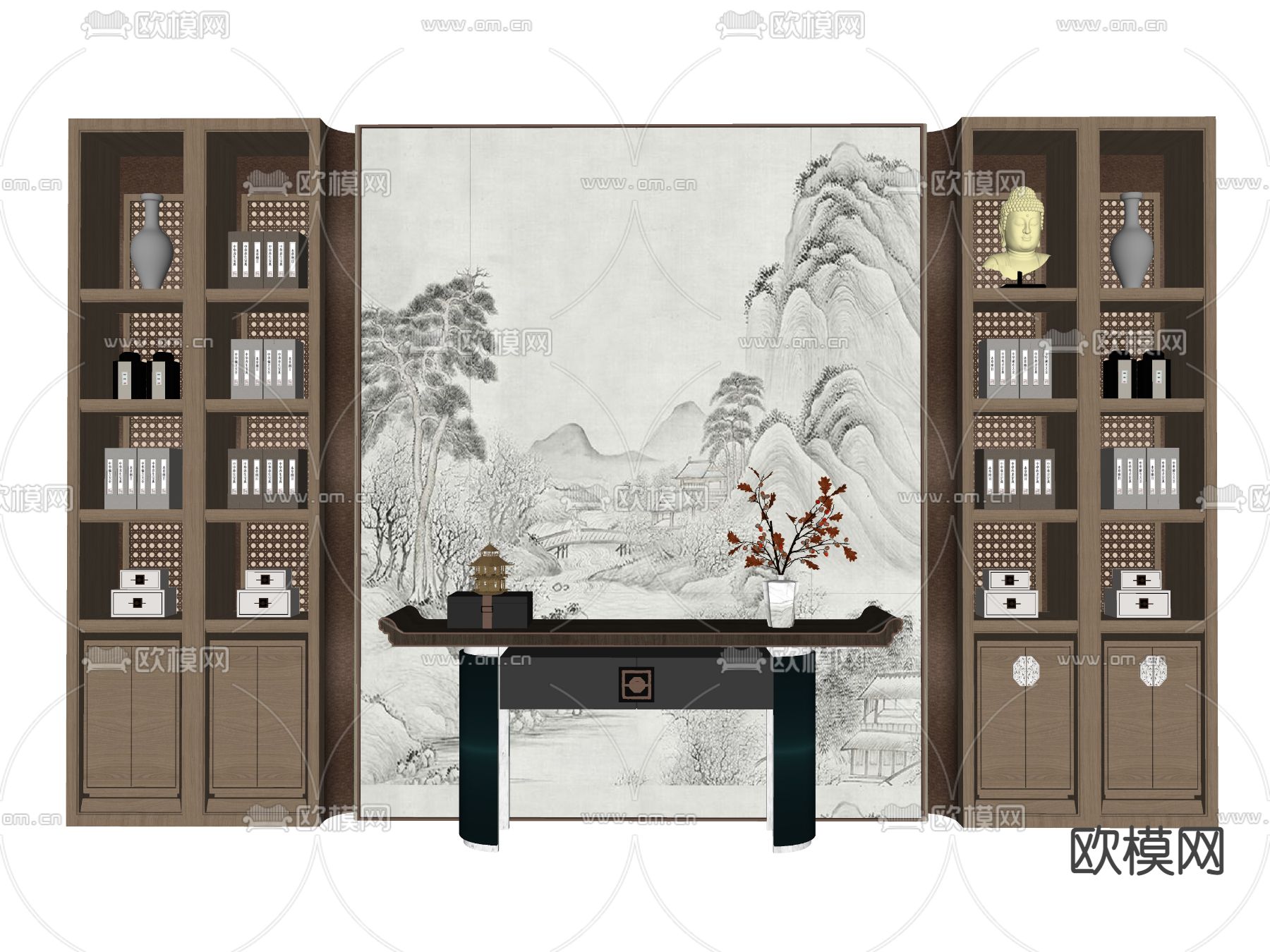 新中式端景条案su模型下载（渲染图2）