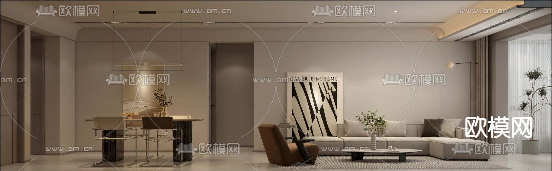 现代客餐厅免费3d模型下载（渲染图2）