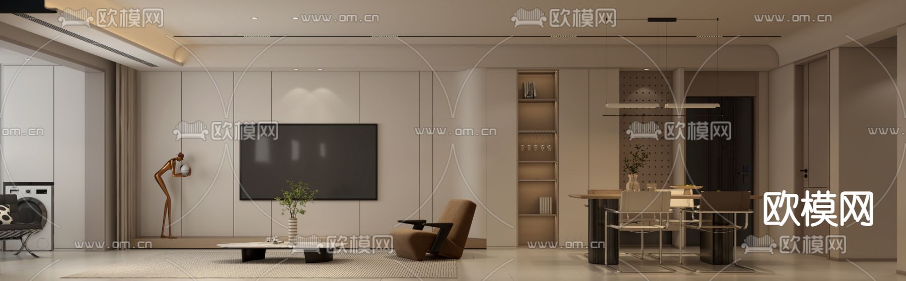 现代客餐厅免费3d模型下载（渲染图1）