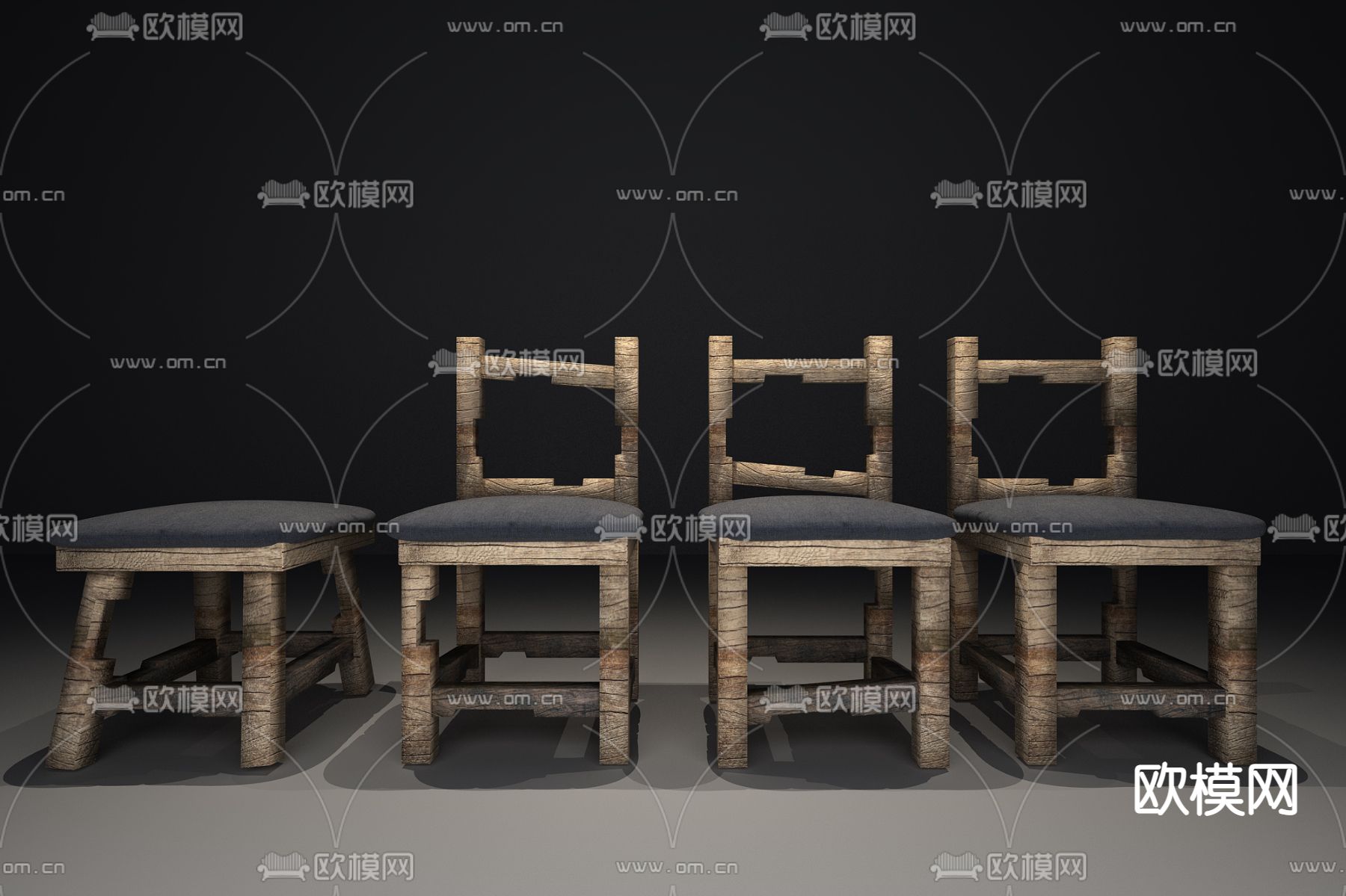 中式老船木单椅 椅子免费3d模型下载