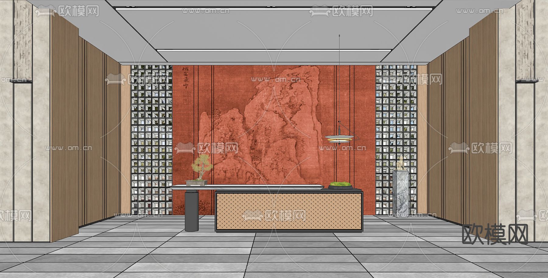 新中式前台 接待处su模型