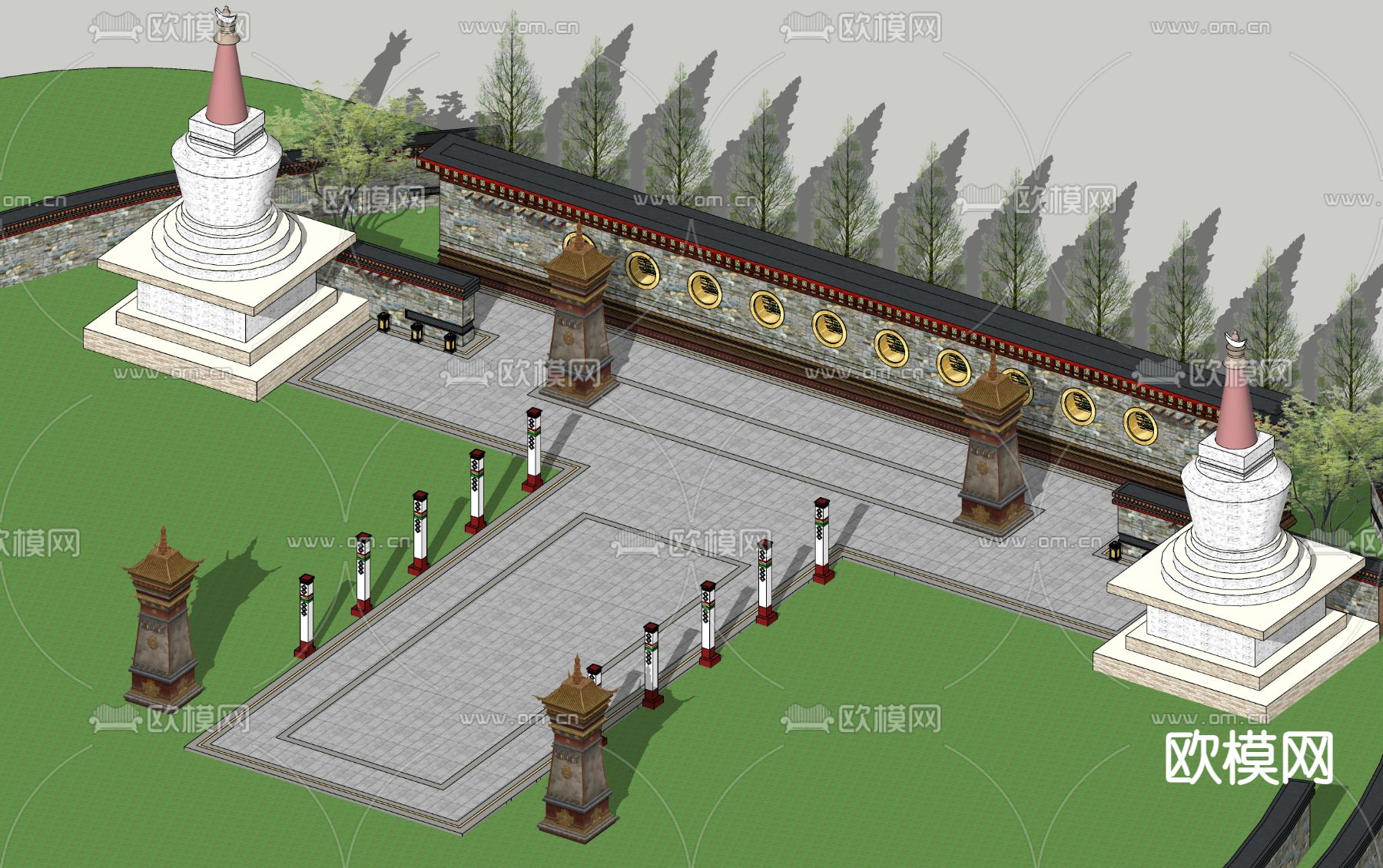 中式藏式景墙塔楼文化广场su模型下载（渲染图2）