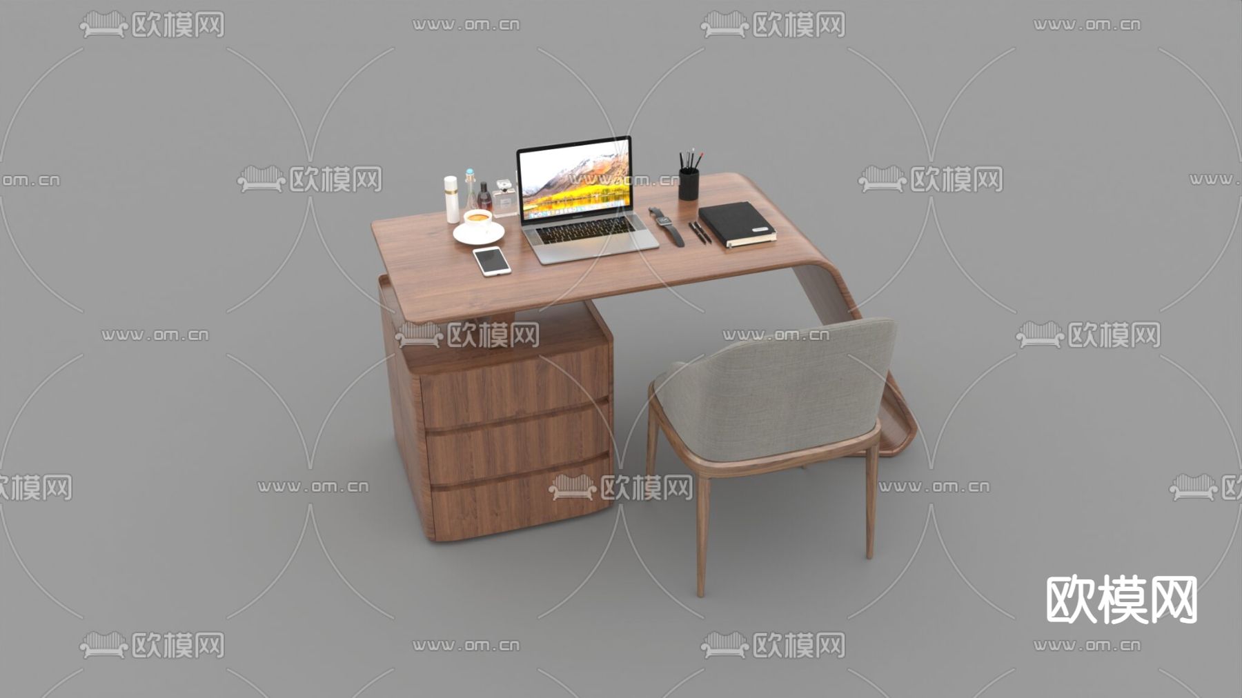 现代简约实木布艺书桌椅免费3d模型下载