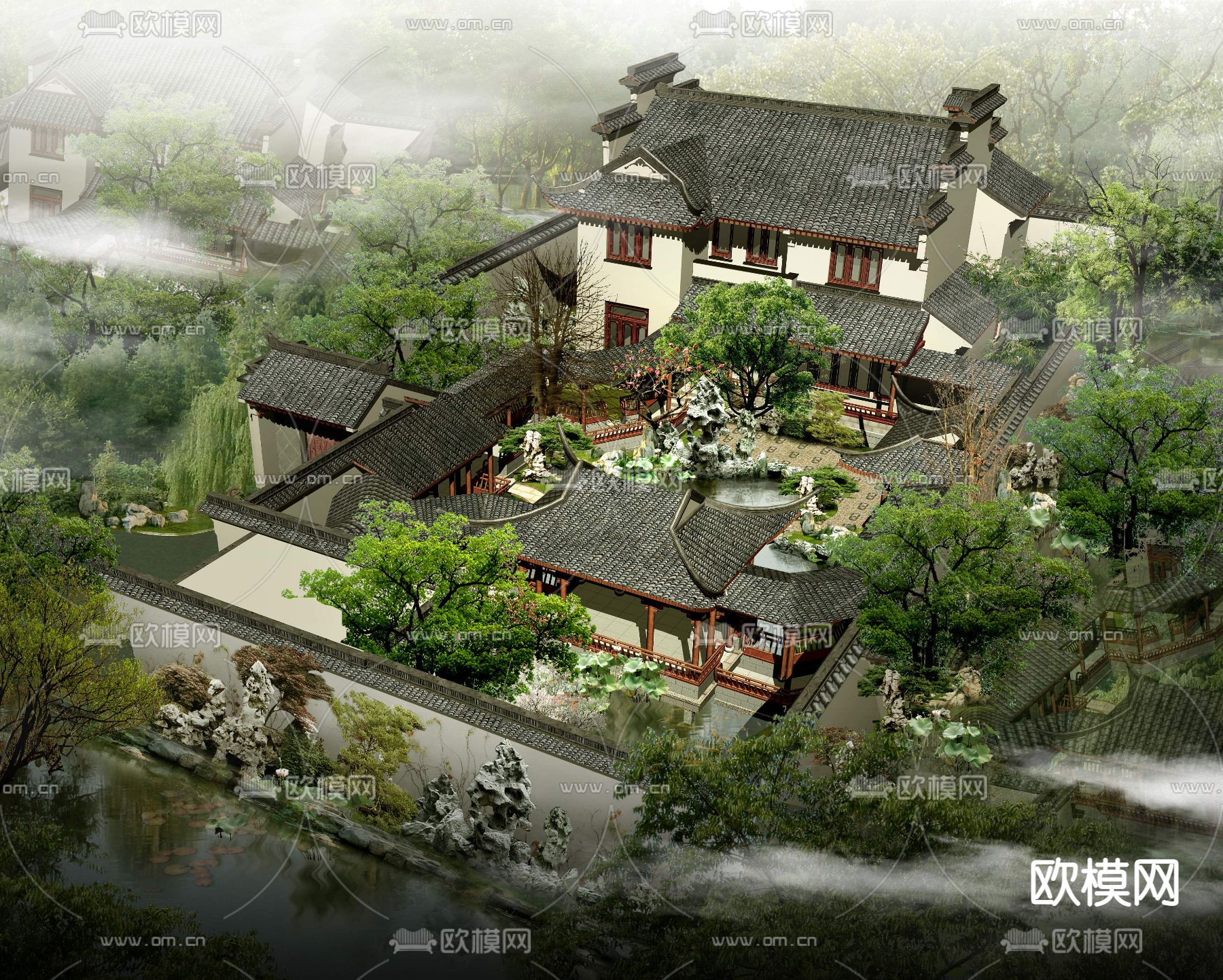 新中式四合院外观鸟瞰psd下载