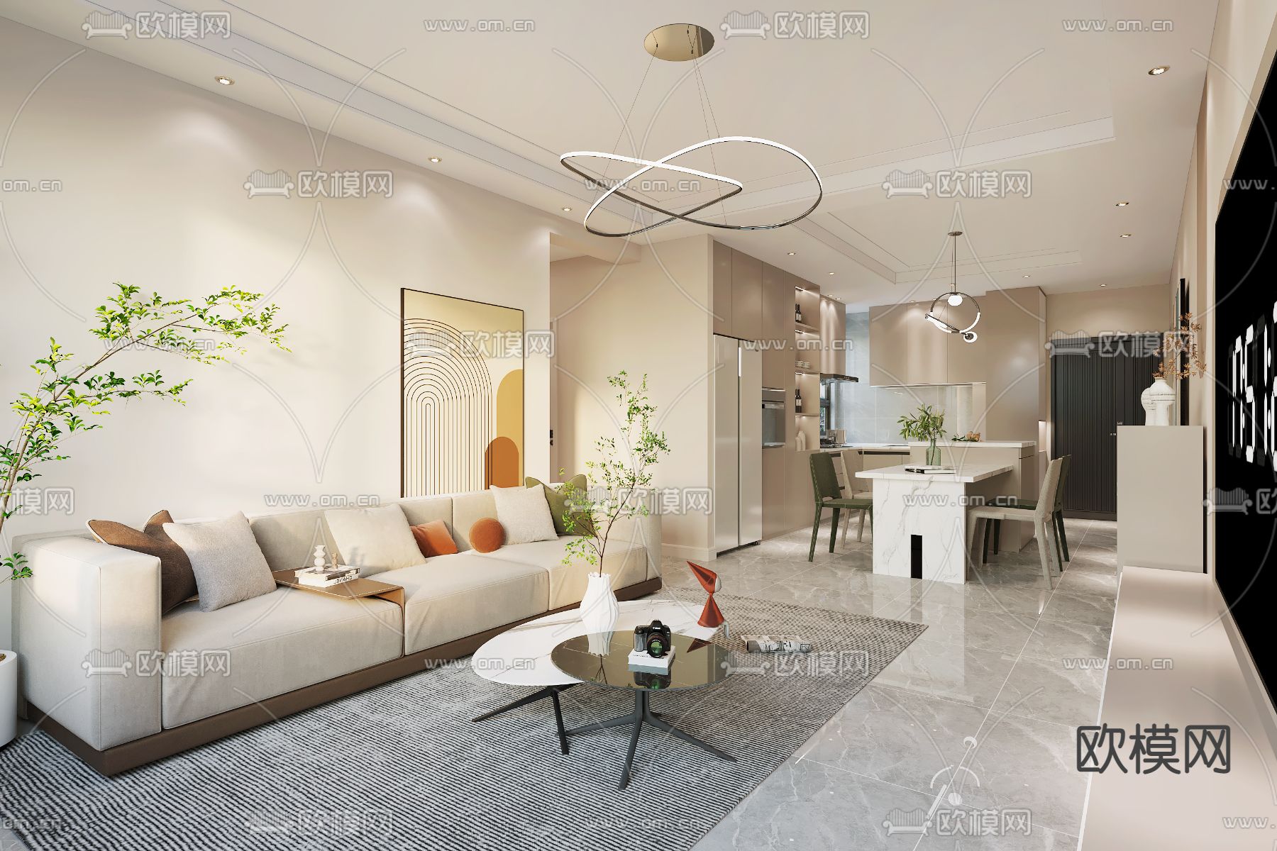 奶油风客餐厅免费3d模型下载（渲染图1）