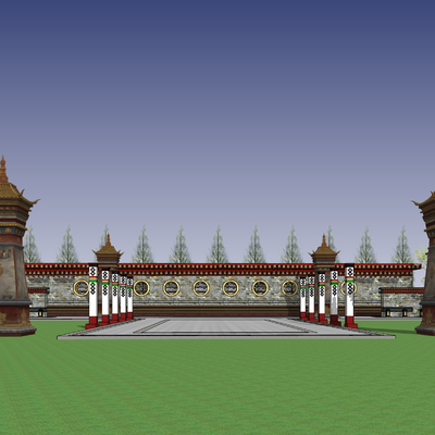  中式藏式景墙塔楼文化广场su模型 