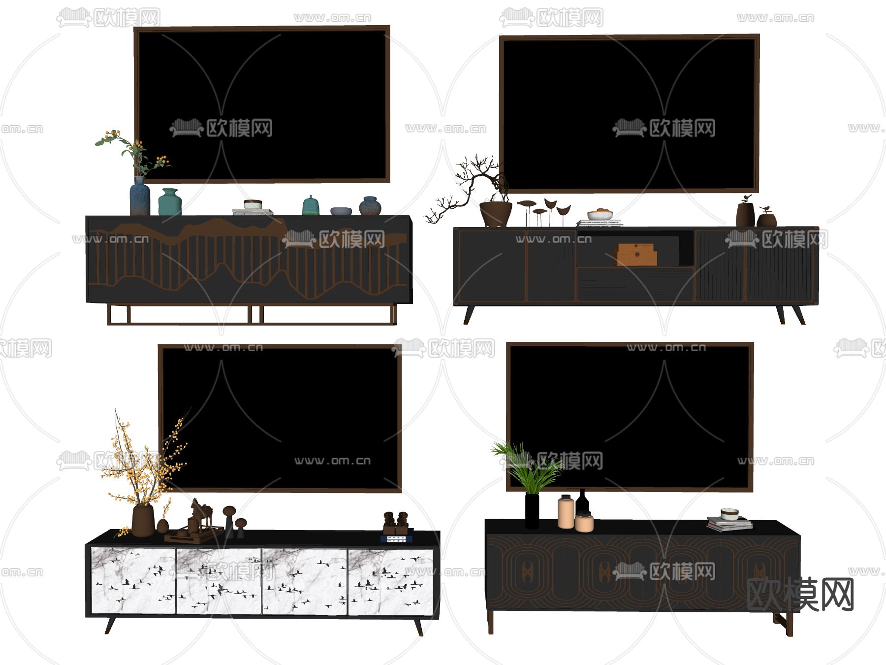 新中式电视柜su模型下载（渲染图2）