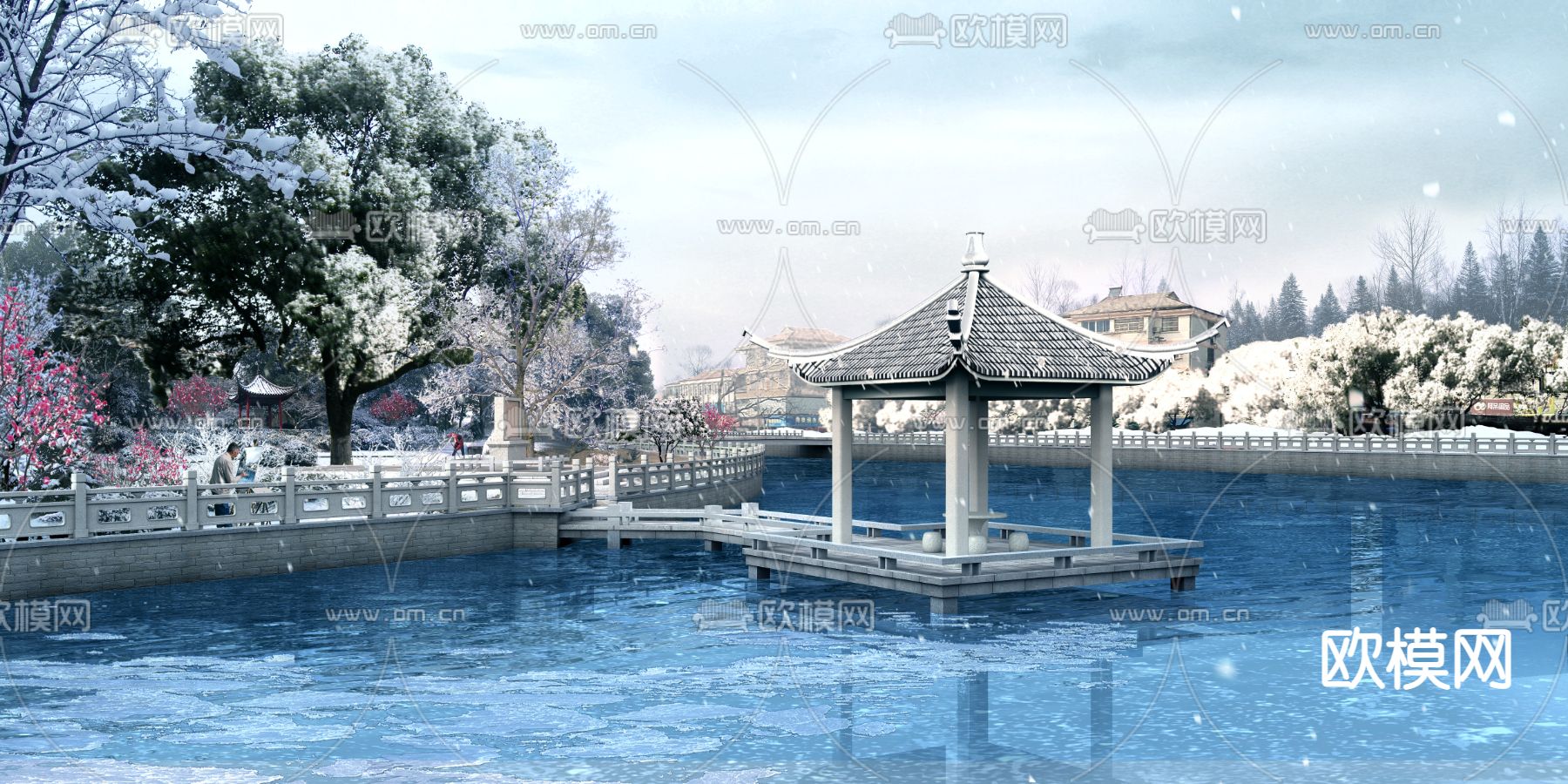 现代公园雪景冰湖凉亭psd下载