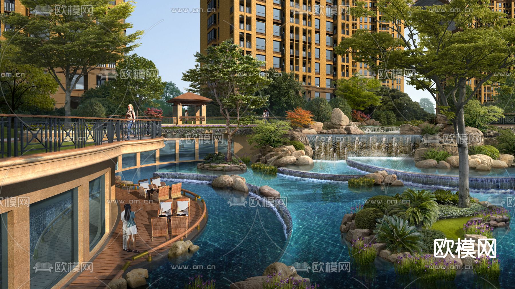 现代小区公园水池景观psd下载
