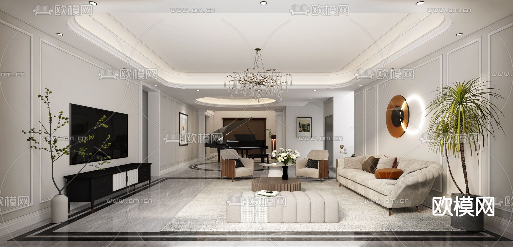 简欧客厅免费3d模型下载（渲染图1）