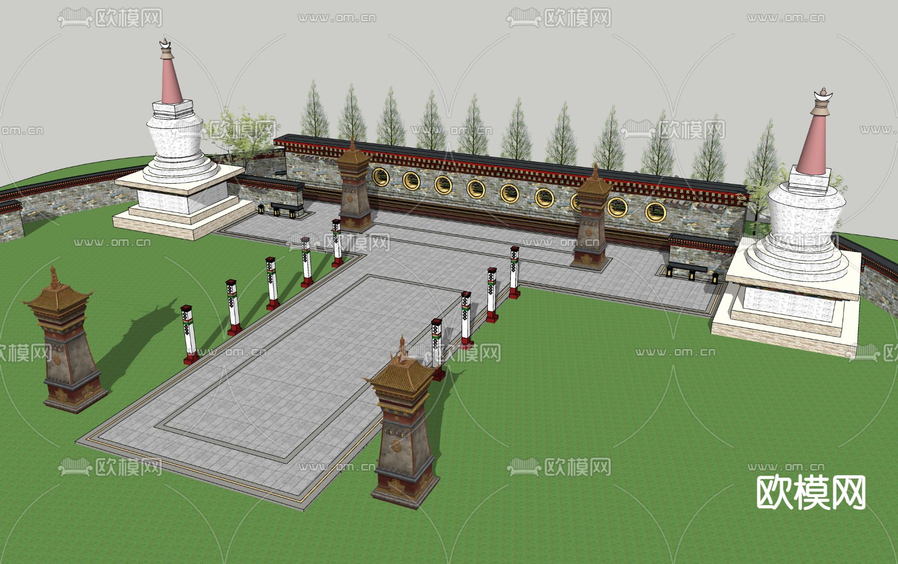 中式藏式景墙塔楼文化广场su模型下载（渲染图3）