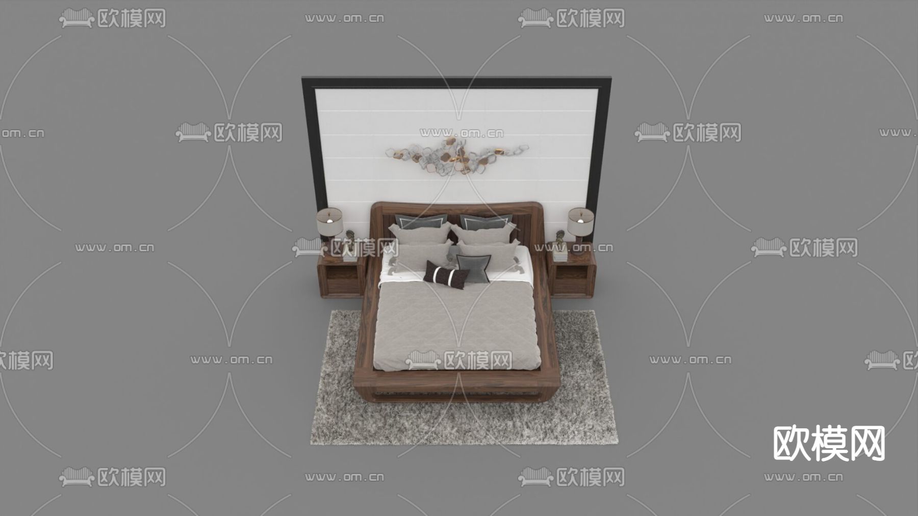 现代轻奢实木背景墙双人床免费3d模型下载