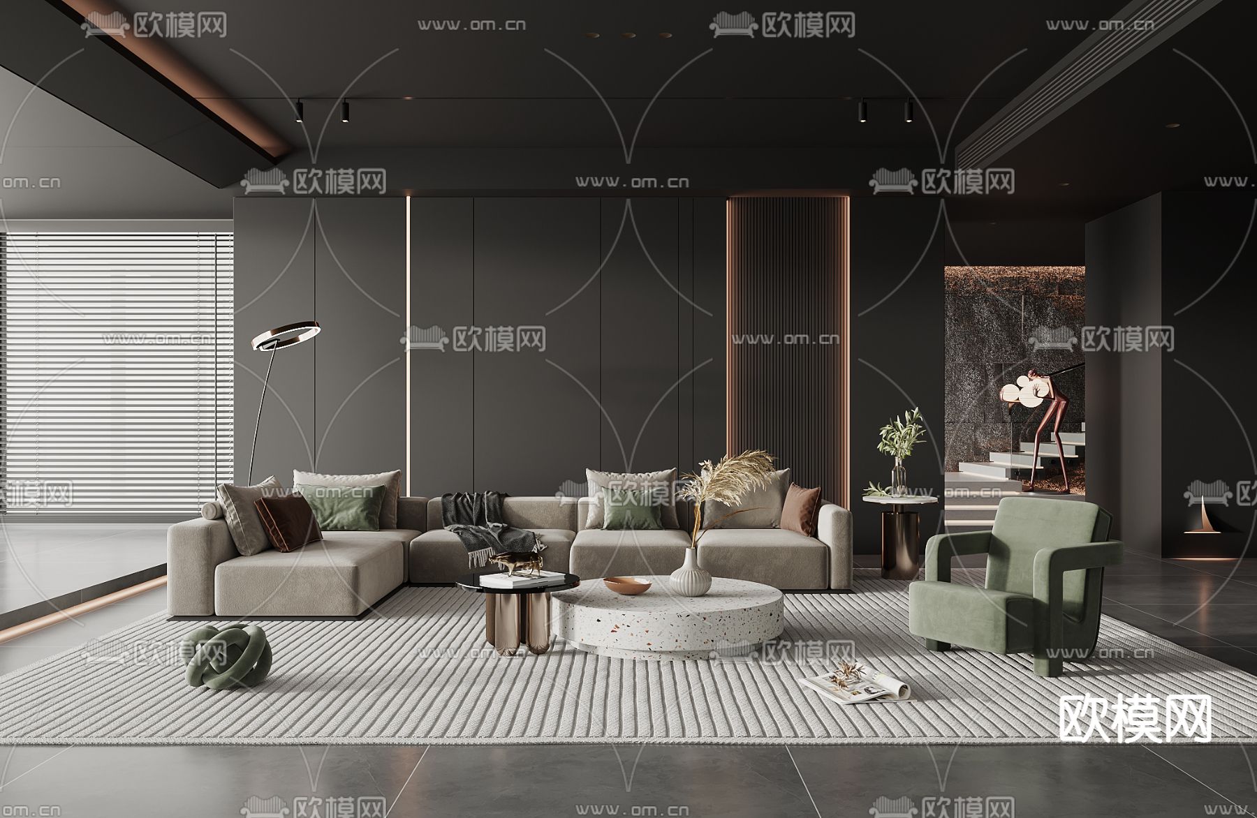 暗黑风复式客厅3d模型下载