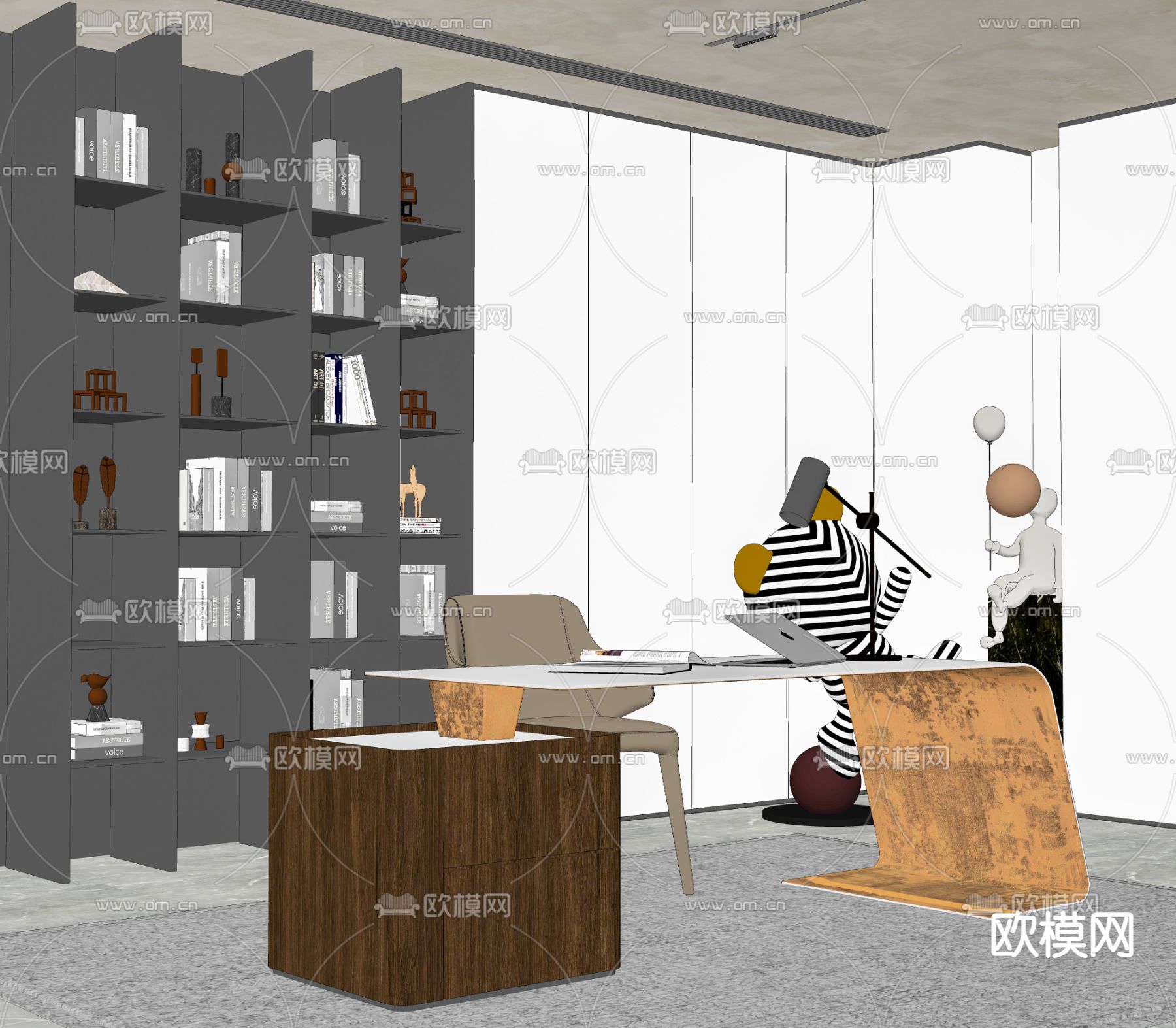 现代轻奢书桌椅 写字台su模型下载（渲染图2）