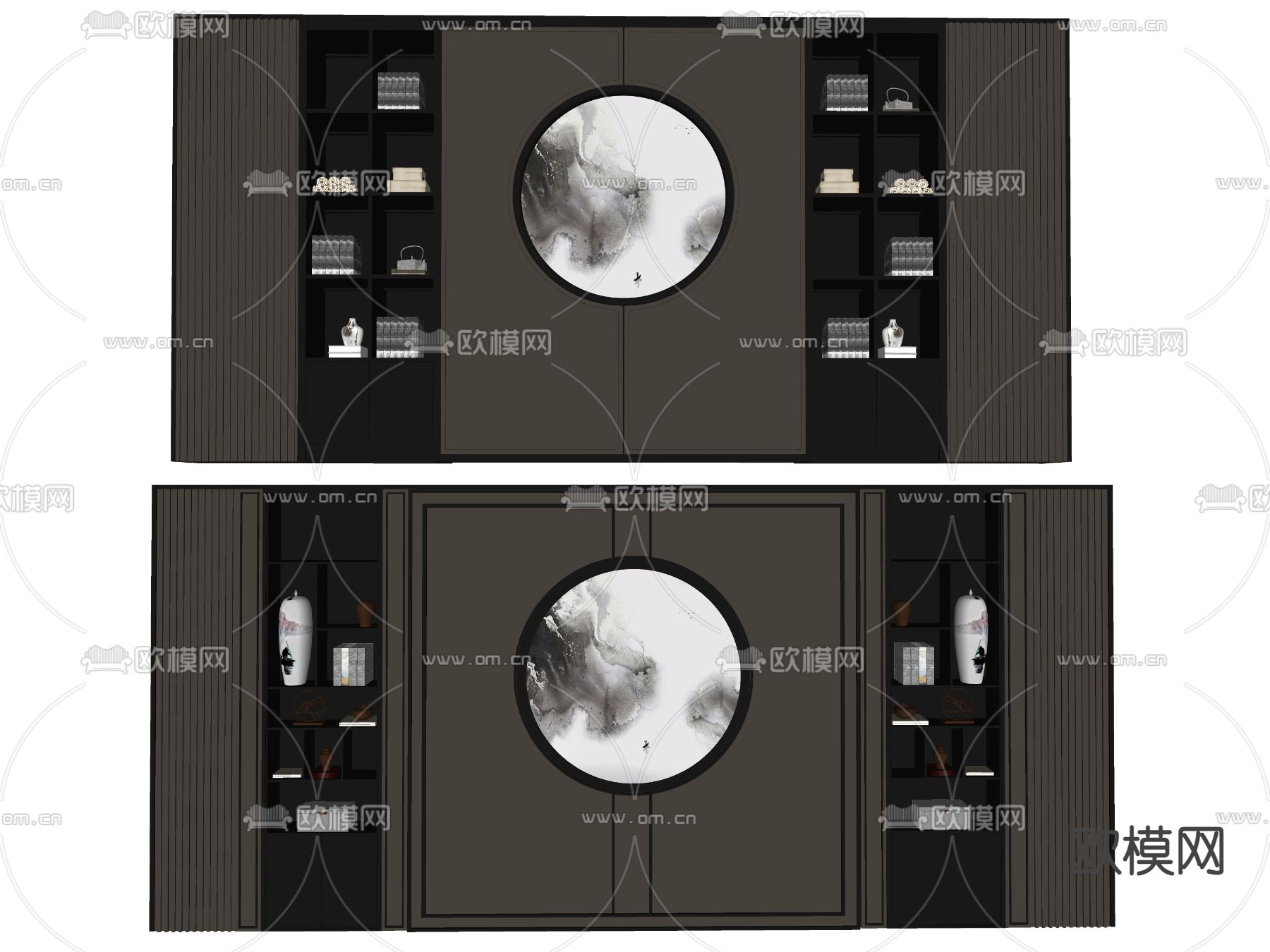 新中式背景墙装饰柜组合su模型下载（渲染图2）