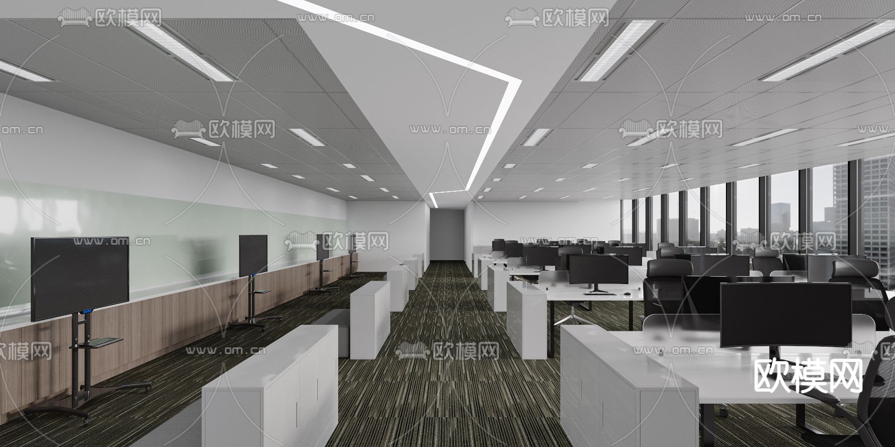 现代敞开式办公区 走廊过道免费3d模型下载（渲染图1）