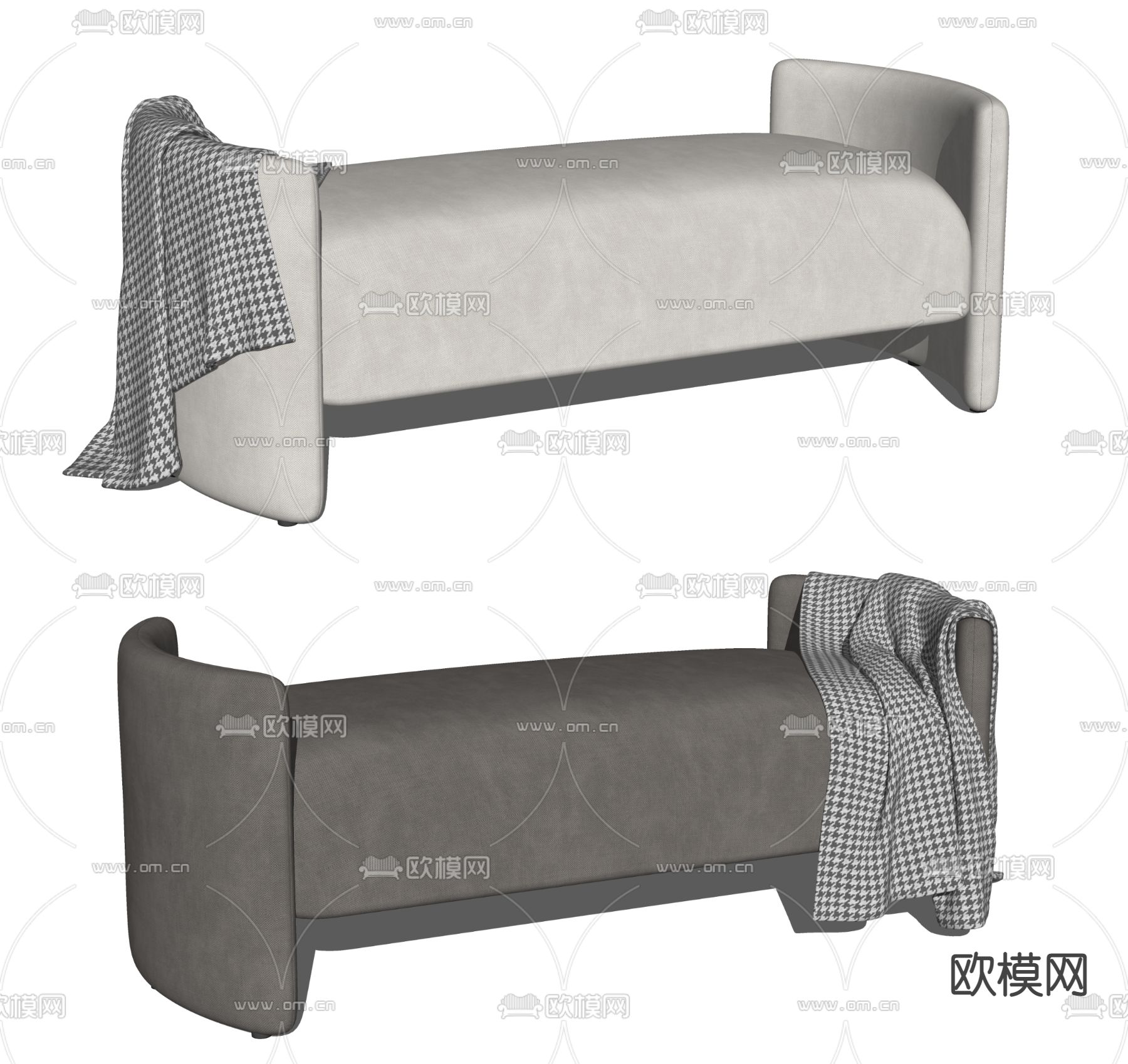 现代灰色床尾凳 脚踏su模型下载（渲染图2）
