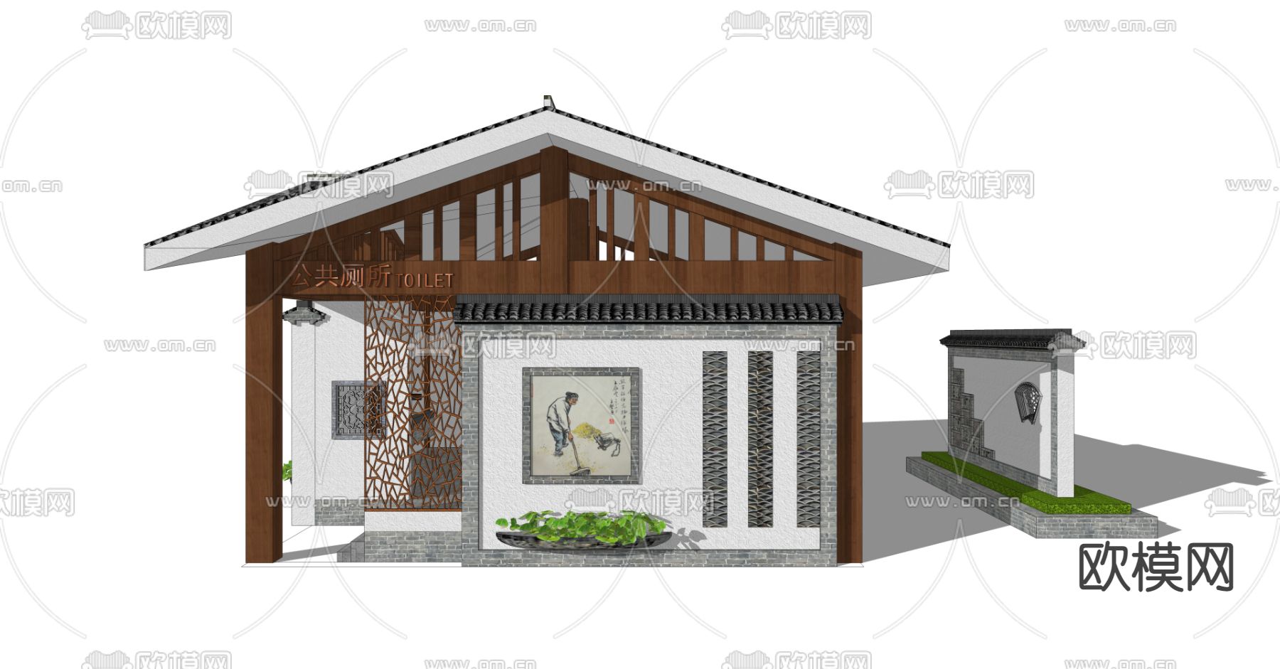 新中式公共卫生间su模型下载（渲染图3）