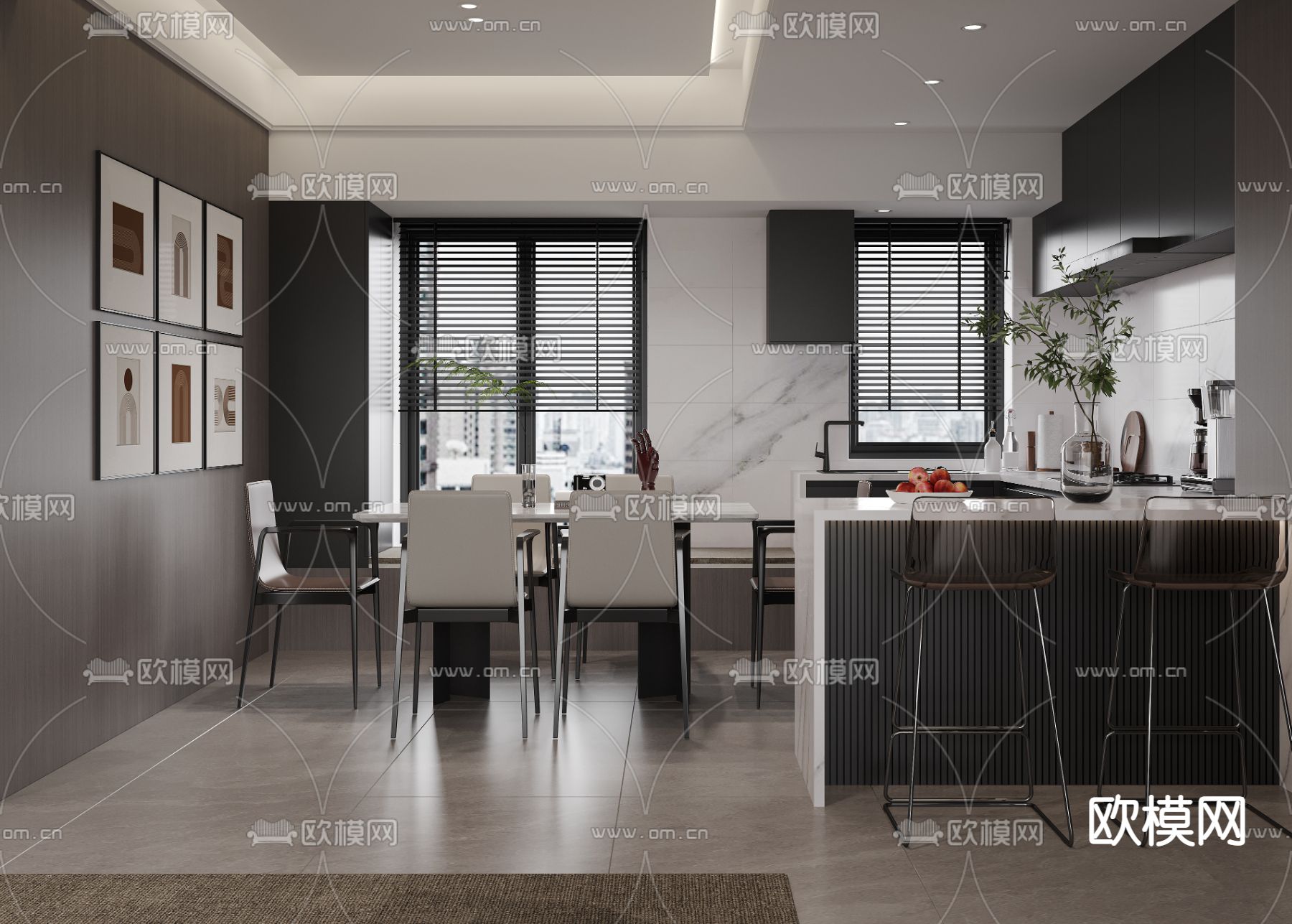 高级灰客厅餐厅3d模型下载（渲染图2）