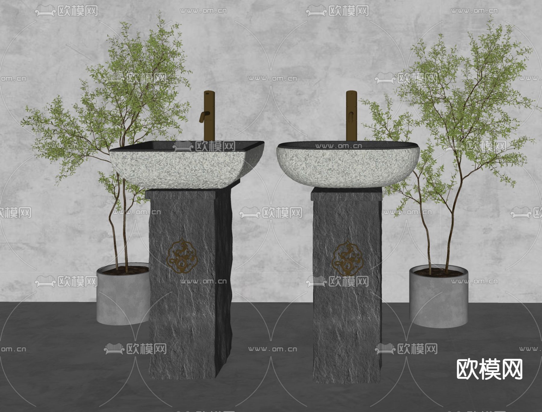新中式石槽立柱洗手盆su模型下载（渲染图2）