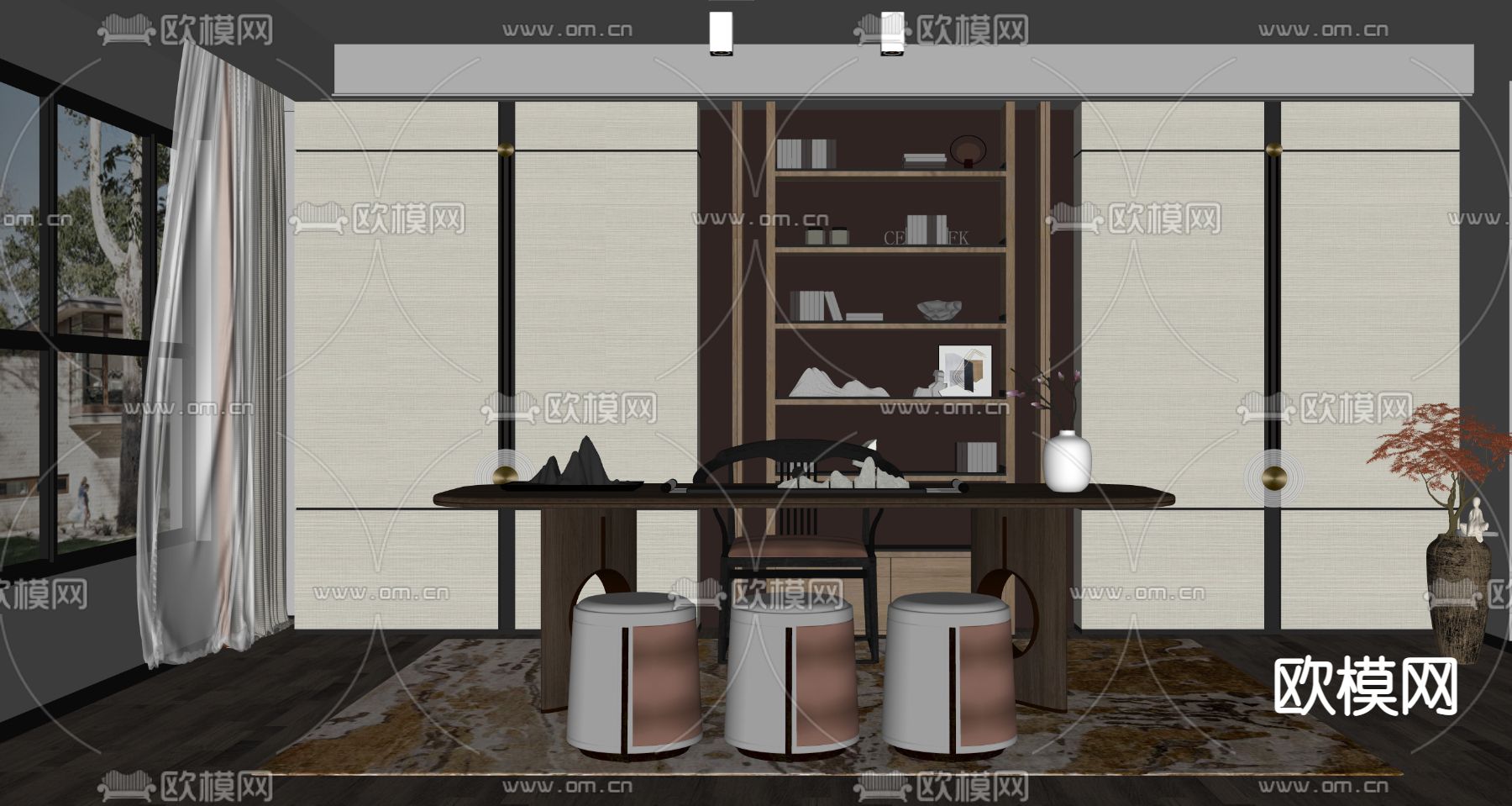 新中式书房su模型下载（渲染图3）