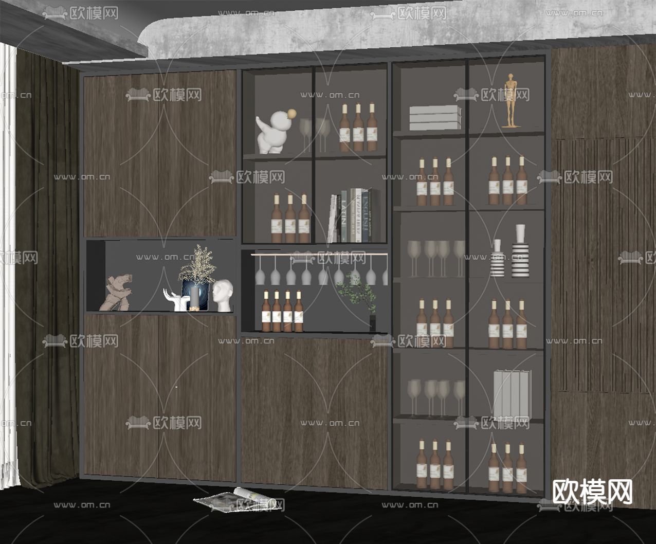 现代玻璃门酒柜su模型下载（渲染图2）