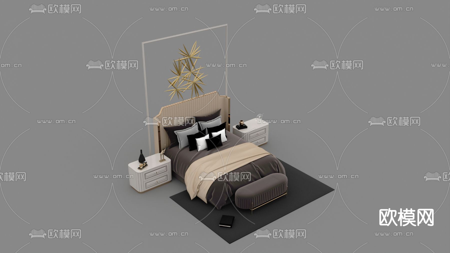 现代轻奢不锈钢布艺双人床免费3d模型下载