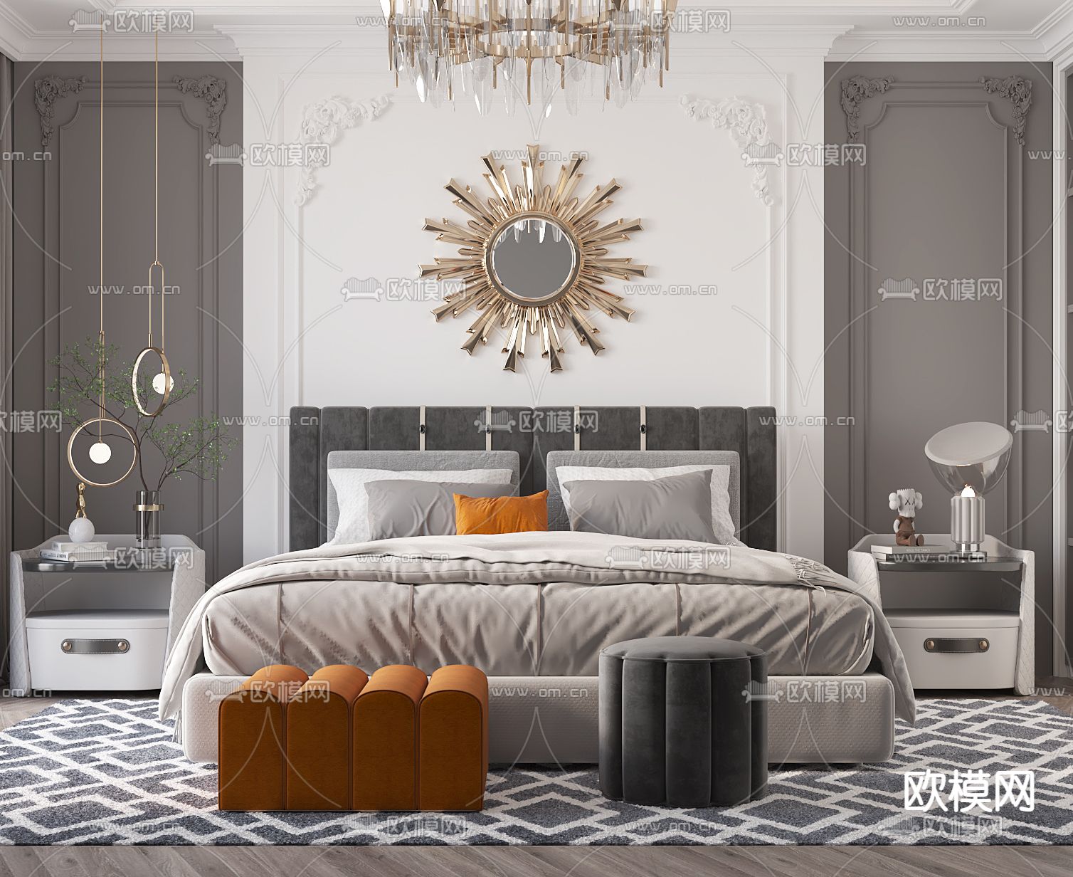 简欧卧室 主人房3d模型下载（渲染图2）