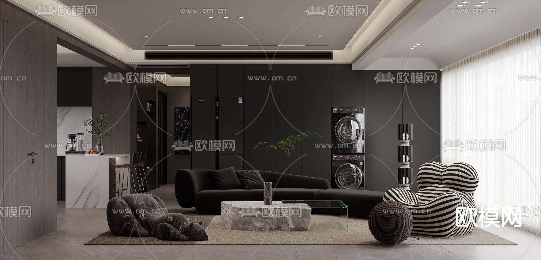高级灰客厅餐厅3d模型下载（渲染图1）