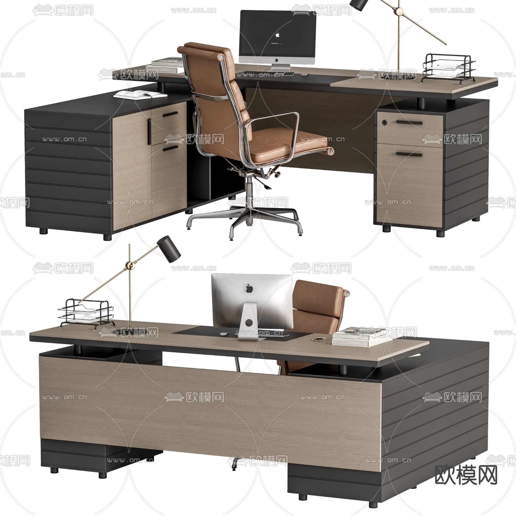 现代班台桌椅 办公桌椅su模型下载（渲染图1）