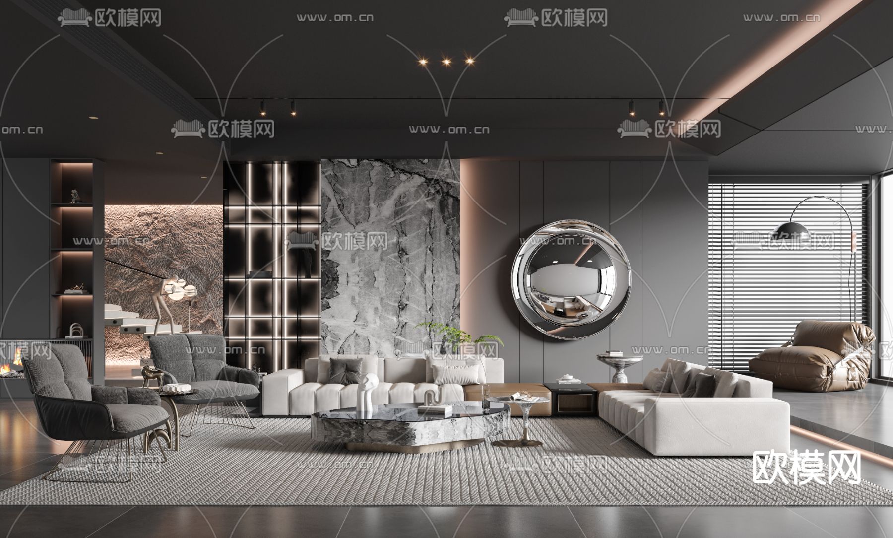 暗黑风灰客厅3d模型下载（渲染图1）