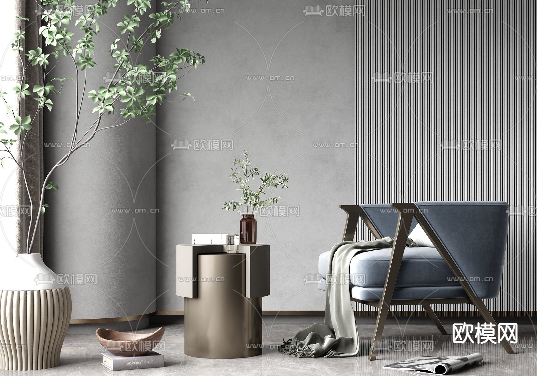 现代轻奢休闲椅角几组合su模型下载（渲染图1）