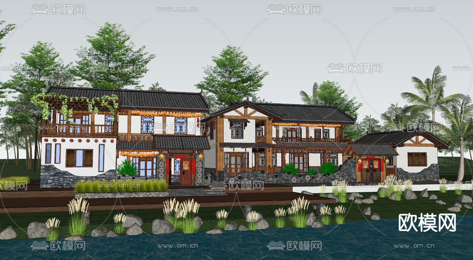 新中式乡村民宿外观su模型下载（渲染图3）