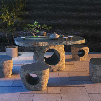  现代庭院石桌凳 户外桌椅su模型 